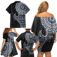 Fijian Masi Tribal Tattoos Art Pattern Family Matching Off Shoulder Short Dress and Hawaiian Shirt Navy Color Half Style - Polynesian Pride