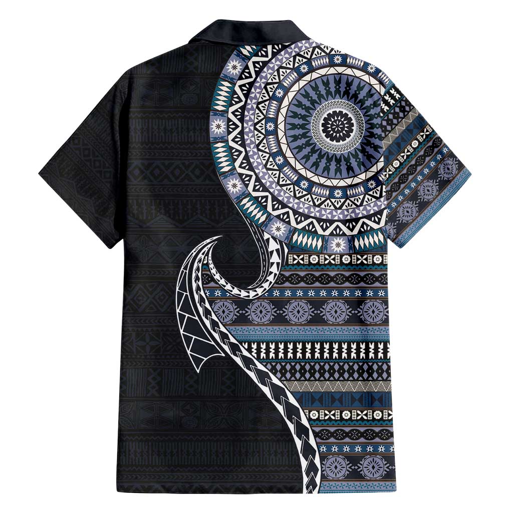 Fijian Masi Tribal Tattoos Art Pattern Family Matching Off Shoulder Short Dress and Hawaiian Shirt Navy Color Half Style - Polynesian Pride