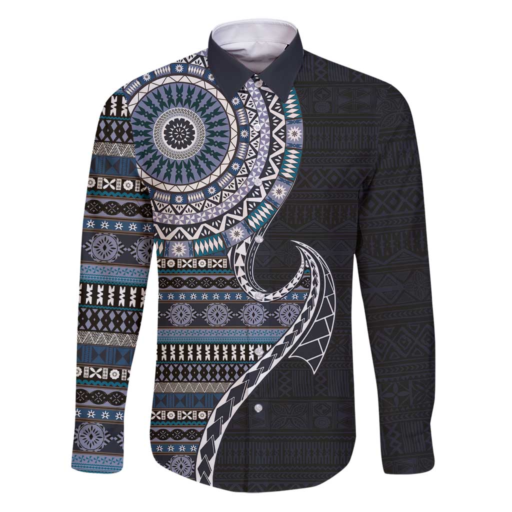 Fijian Masi Tribal Tattoos Art Pattern Family Matching Puletasi and Hawaiian Shirt Navy Color Half Style - Polynesian Pride