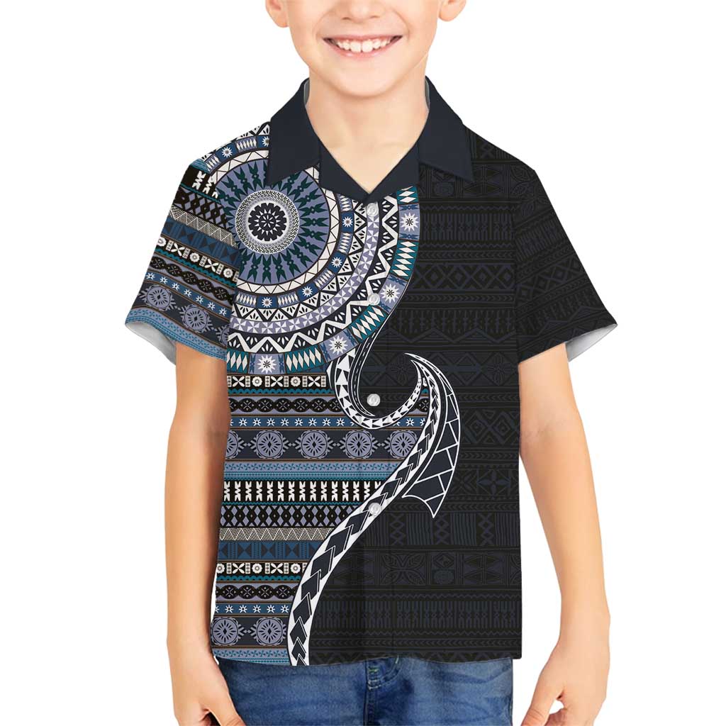 Fijian Masi Tribal Tattoos Art Pattern Family Matching Summer Maxi Dress and Hawaiian Shirt Navy Color Half Style - Polynesian Pride