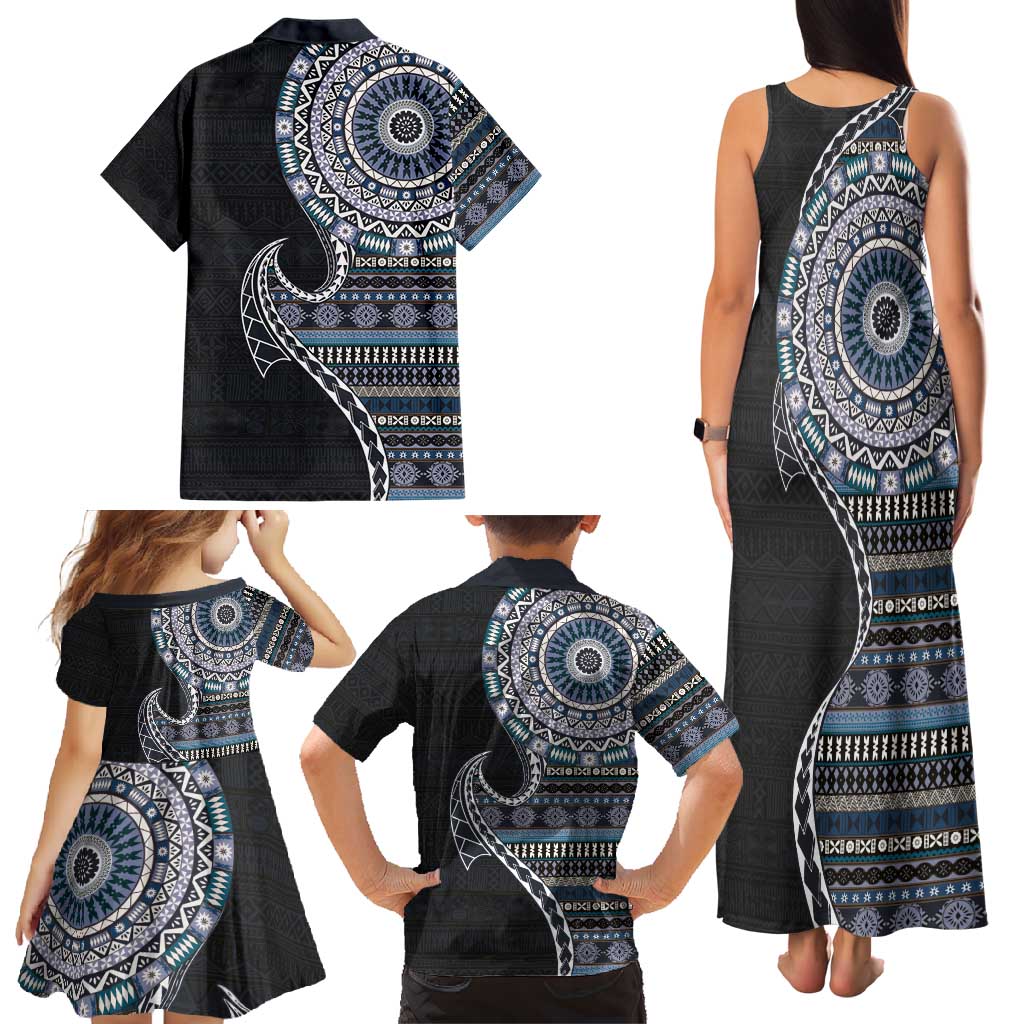 Fijian Masi Tribal Tattoos Art Pattern Family Matching Tank Maxi Dress and Hawaiian Shirt Navy Color Half Style - Polynesian Pride