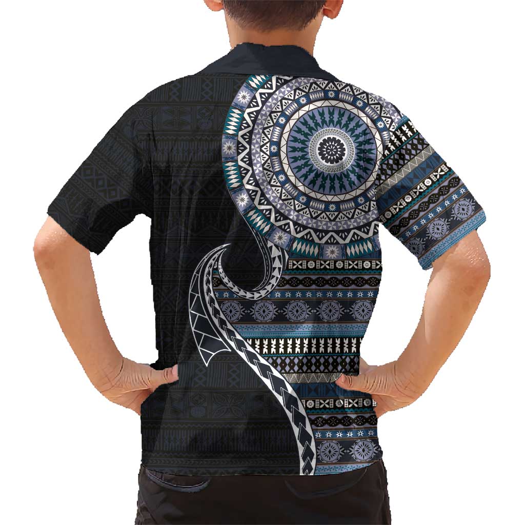 Fijian Masi Tribal Tattoos Art Pattern Kid Hawaiian Shirt Navy Color Half Style - Polynesian Pride