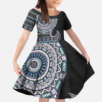 Fijian Masi Tribal Tattoos Art Pattern Kid Short Sleeve Dress Navy Color Half Style - Polynesian Pride
