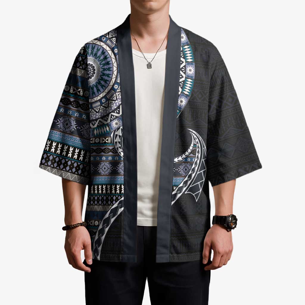 Fijian Masi Tribal Tattoos Art Pattern Kimono Navy Color Half Style - Polynesian Pride