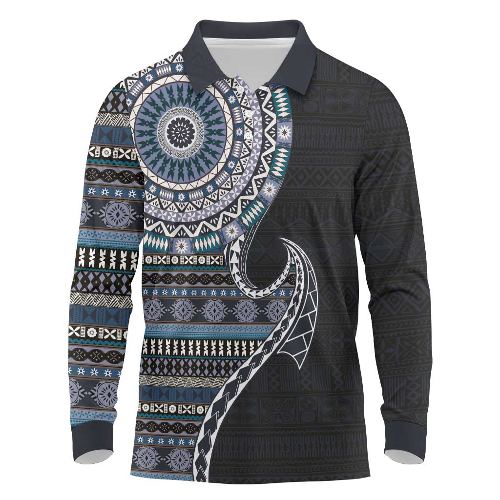 Fijian Masi Tribal Tattoos Art Pattern Long Sleeve Polo Shirt Navy Color Half Style - Polynesian Pride