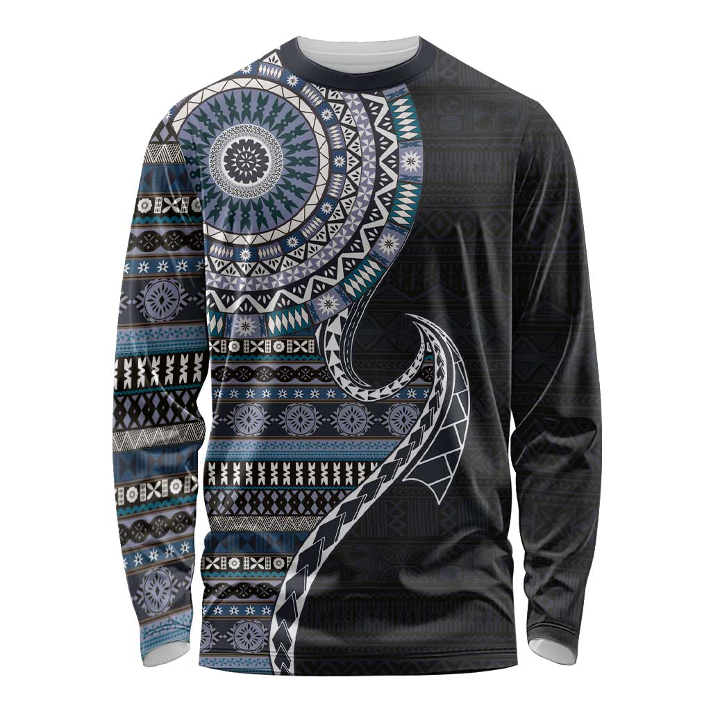 Fijian Masi Tribal Tattoos Art Pattern Long Sleeve Shirt Navy Color Half Style - Polynesian Pride
