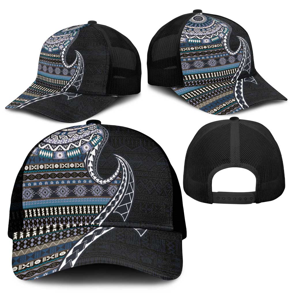 Fijian Masi Tribal Tattoos Art Pattern Mesh Trucker Cap Navy Color Half Style - Polynesian Pride