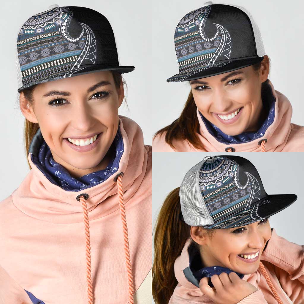 Fijian Masi Tribal Tattoos Art Pattern Mesh Trucker Cap Navy Color Half Style - Polynesian Pride