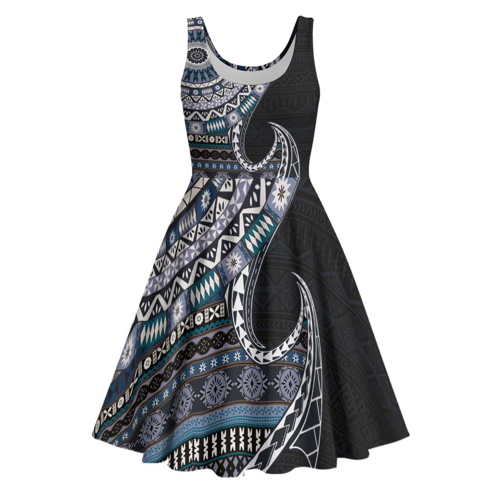 Fijian Masi Tribal Tattoos Art Pattern Midi Dress Navy Color Half Style - Polynesian Pride