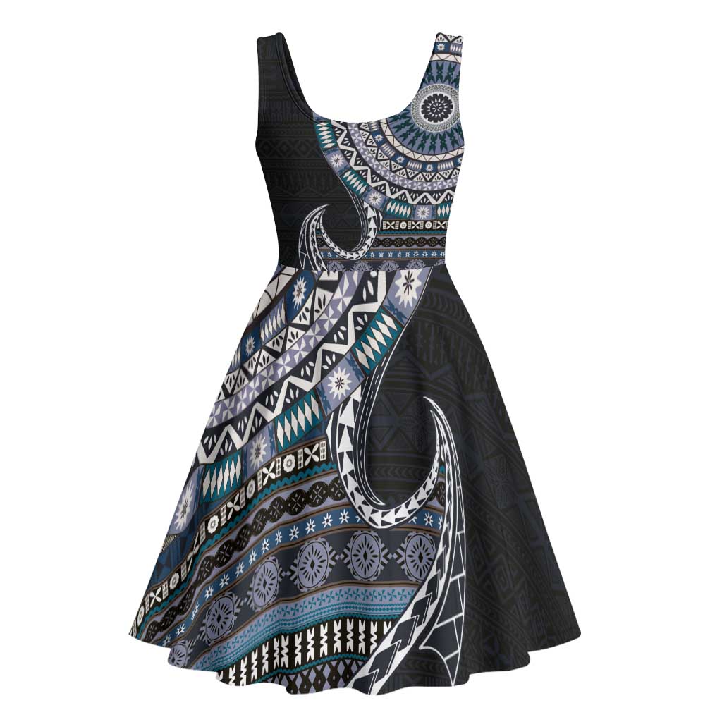 Fijian Masi Tribal Tattoos Art Pattern Midi Dress Navy Color Half Style - Polynesian Pride