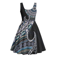 Fijian Masi Tribal Tattoos Art Pattern Midi Dress Navy Color Half Style - Polynesian Pride