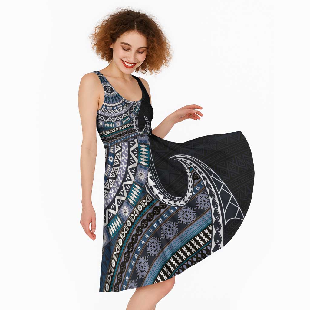 Fijian Masi Tribal Tattoos Art Pattern Midi Dress Navy Color Half Style - Polynesian Pride