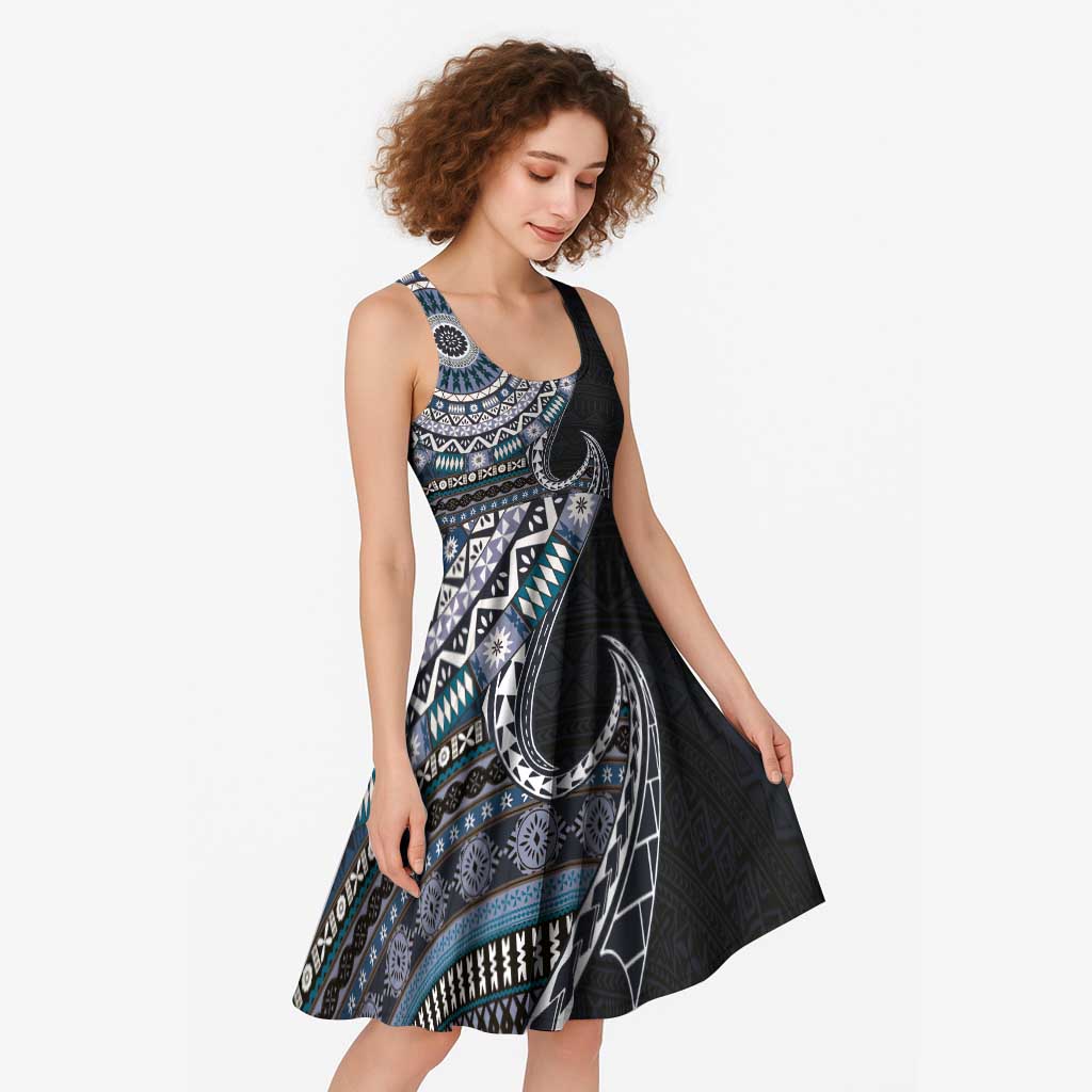 Fijian Masi Tribal Tattoos Art Pattern Midi Dress Navy Color Half Style - Polynesian Pride