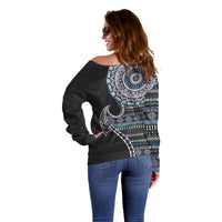 Fijian Masi Tribal Tattoos Art Pattern Off Shoulder Sweater Navy Color Half Style - Polynesian Pride