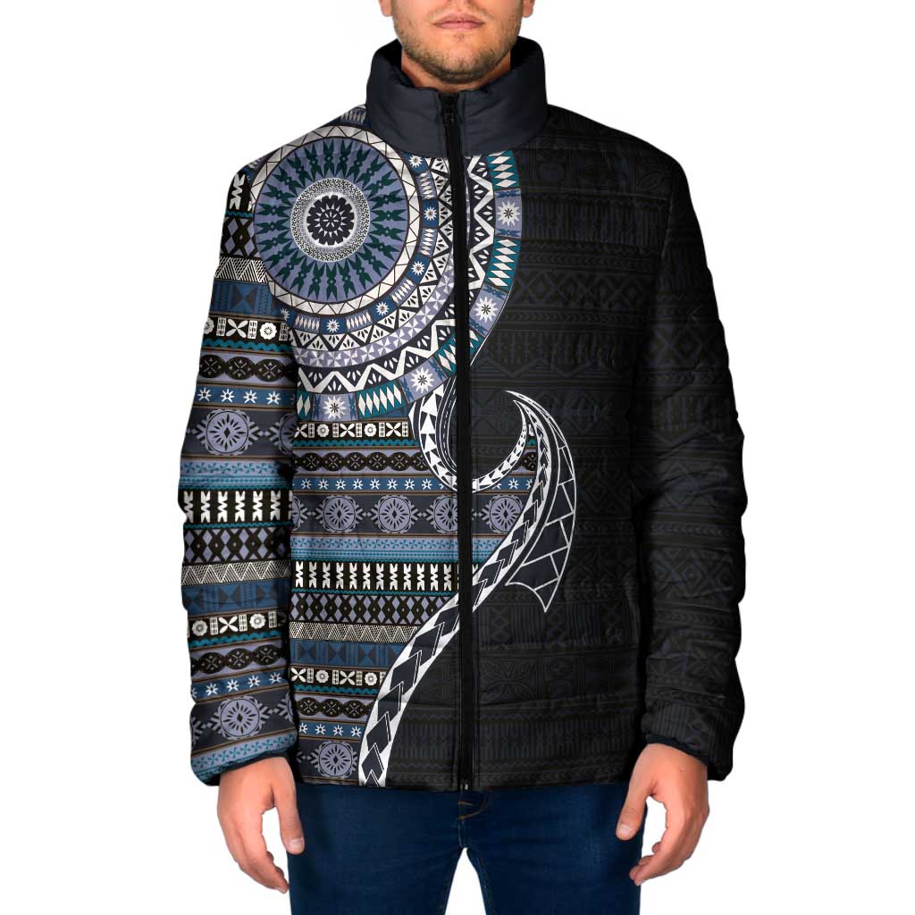 Fijian Masi Tribal Tattoos Art Pattern Padded Jacket Navy Color Half Style - Polynesian Pride