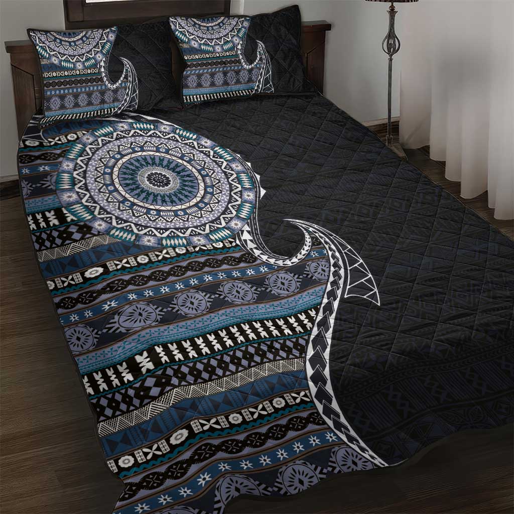 Fijian Masi Tribal Tattoos Art Pattern Quilt Bed Set Navy Color Half Style - Polynesian Pride