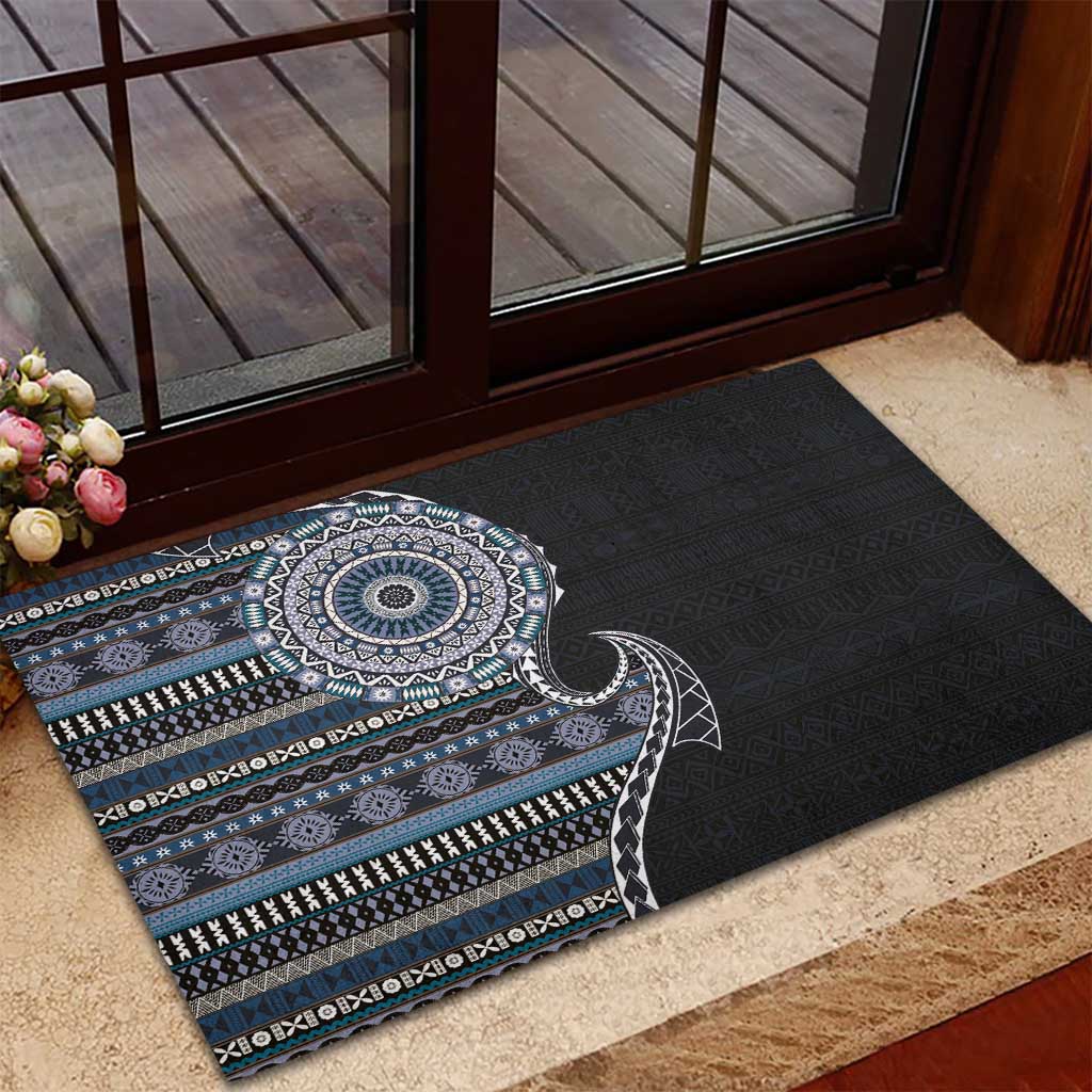 Fijian Masi Tribal Tattoos Art Pattern Rubber Doormat Navy Color Half Style - Polynesian Pride