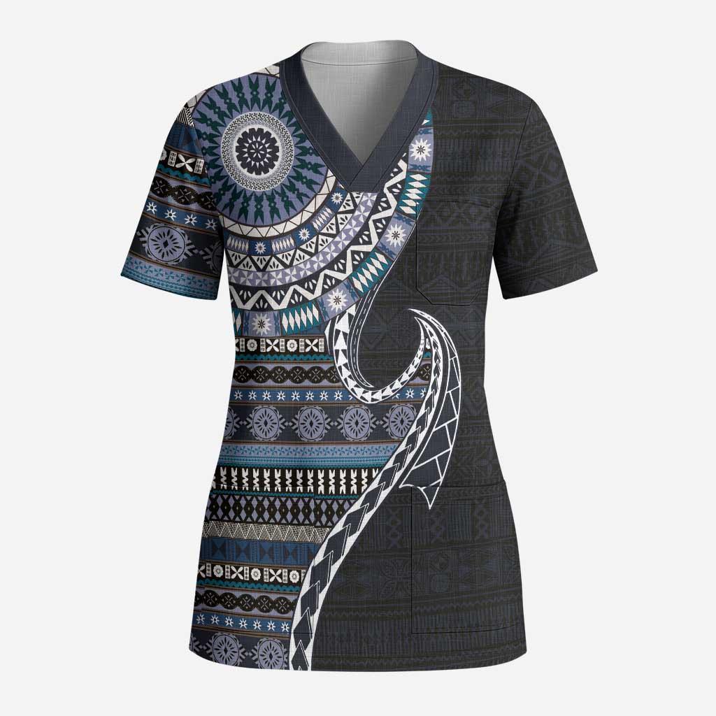 Fijian Masi Tribal Tattoos Art Pattern Scrub Top Navy Color Half Style - Polynesian Pride