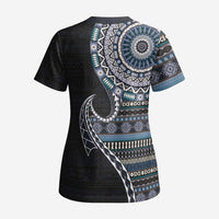 Fijian Masi Tribal Tattoos Art Pattern Scrub Top Navy Color Half Style - Polynesian Pride
