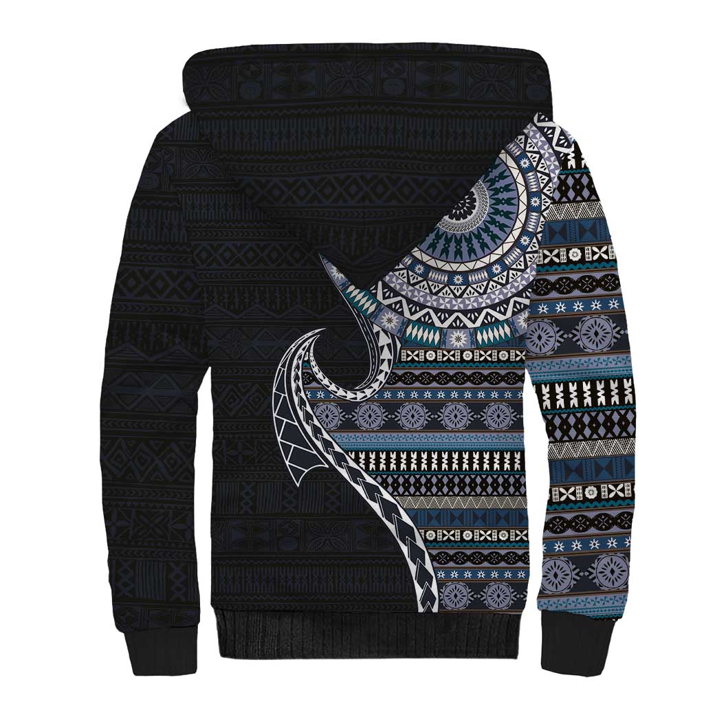 Fijian Masi Tribal Tattoos Art Pattern Sherpa Hoodie Navy Color Half Style - Polynesian Pride