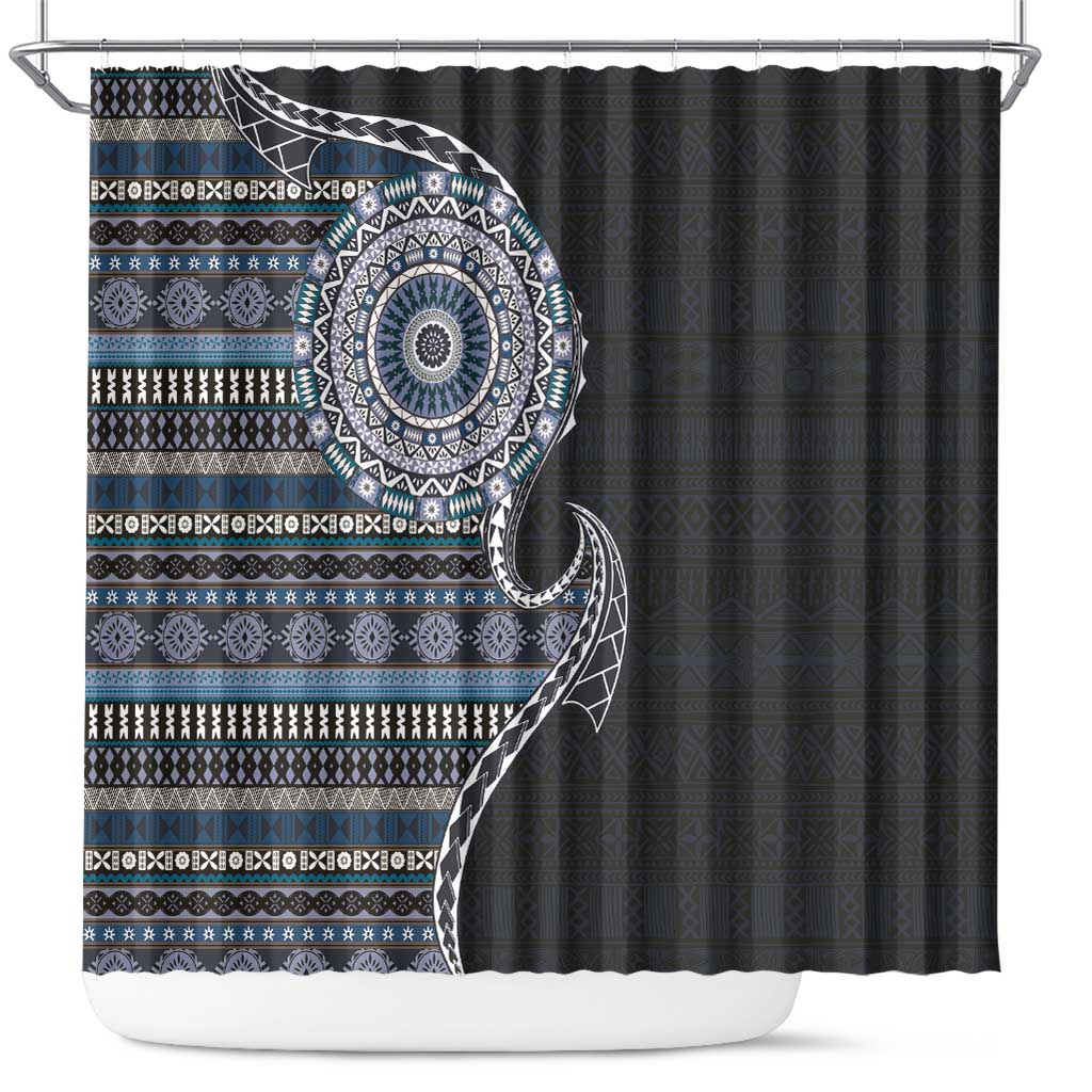 Fijian Masi Tribal Tattoos Art Pattern Shower Curtain Navy Color Half Style - Polynesian Pride