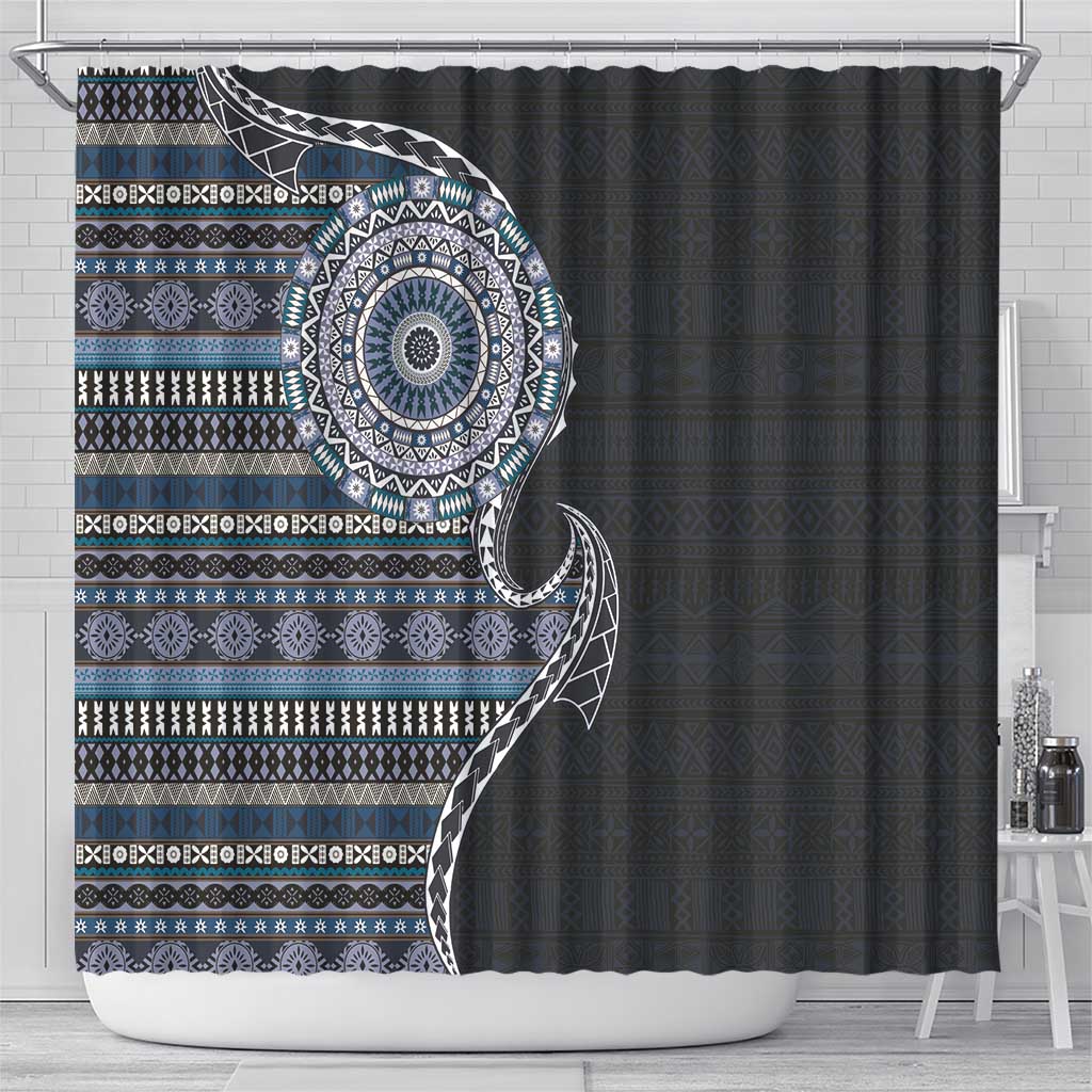 Fijian Masi Tribal Tattoos Art Pattern Shower Curtain Navy Color Half Style - Polynesian Pride