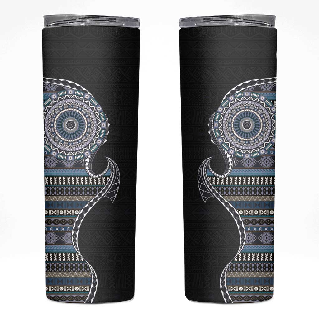 Fijian Masi Tribal Tattoos Art Pattern Skinny Tumbler Navy Color Half Style - Polynesian Pride