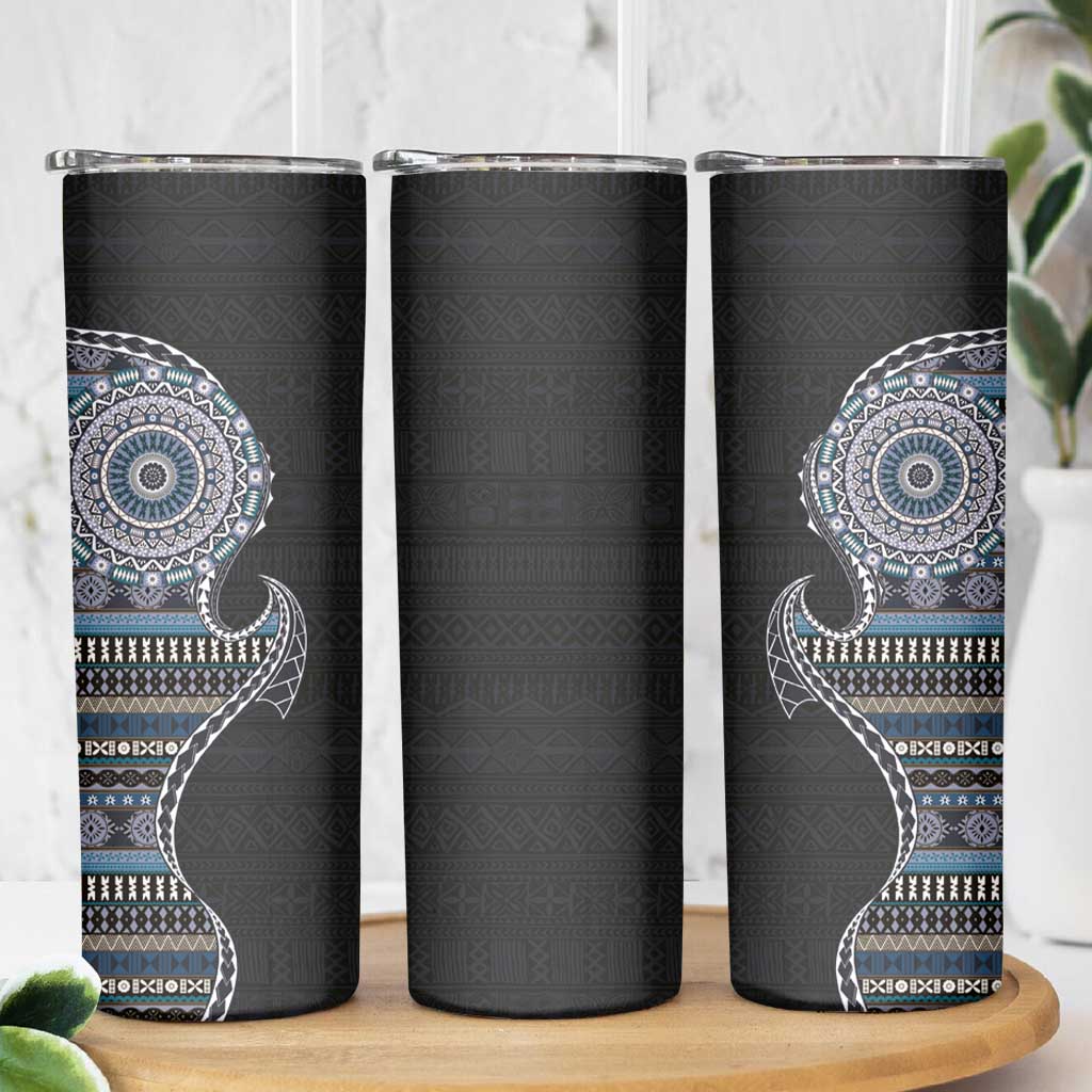 Fijian Masi Tribal Tattoos Art Pattern Skinny Tumbler Navy Color Half Style - Polynesian Pride