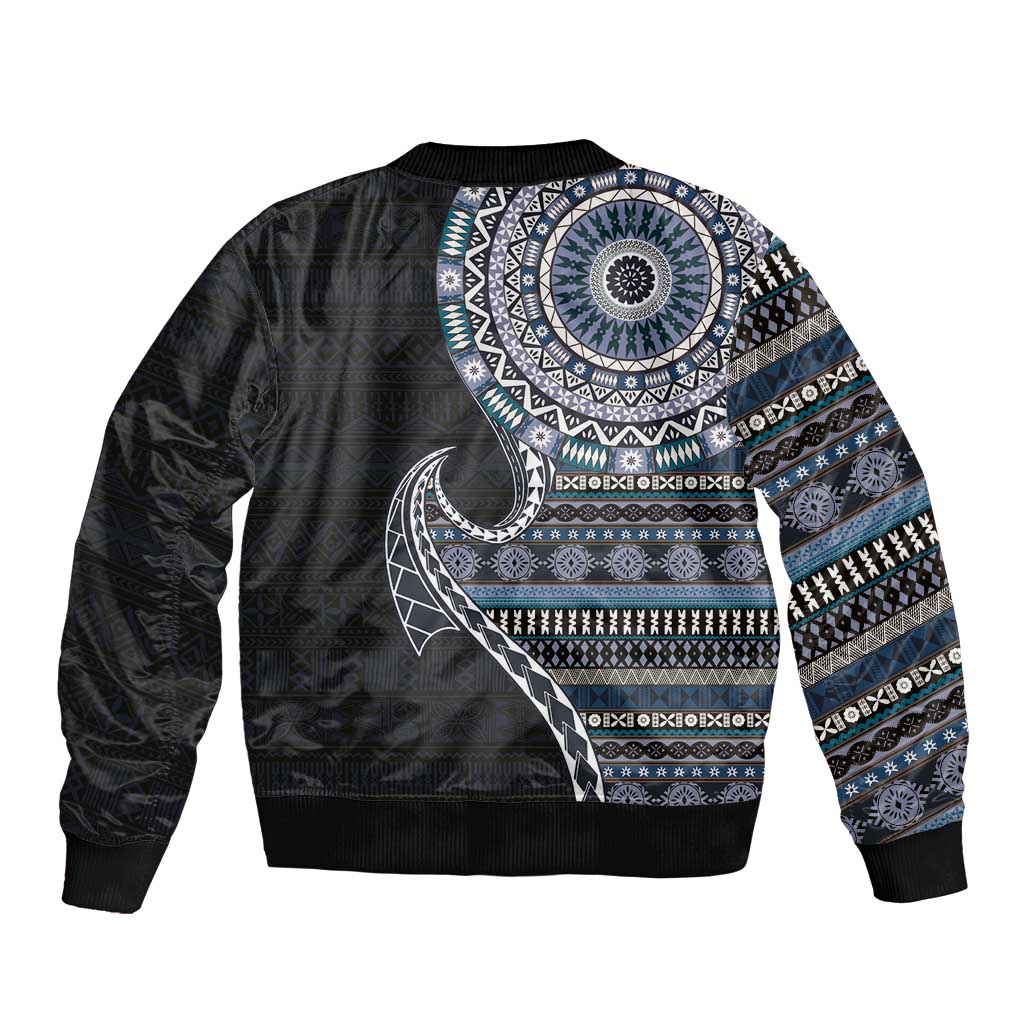 Fijian Masi Tribal Tattoos Art Pattern Sleeve Zip Bomber Jacket Navy Color Half Style - Polynesian Pride