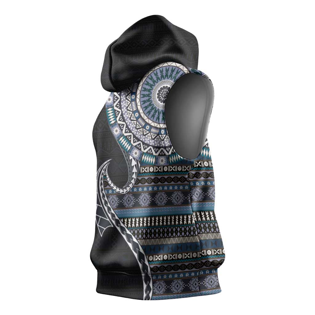 Fijian Masi Tribal Tattoos Art Pattern Sleeveless Hoodie Navy Color Half Style - Polynesian Pride