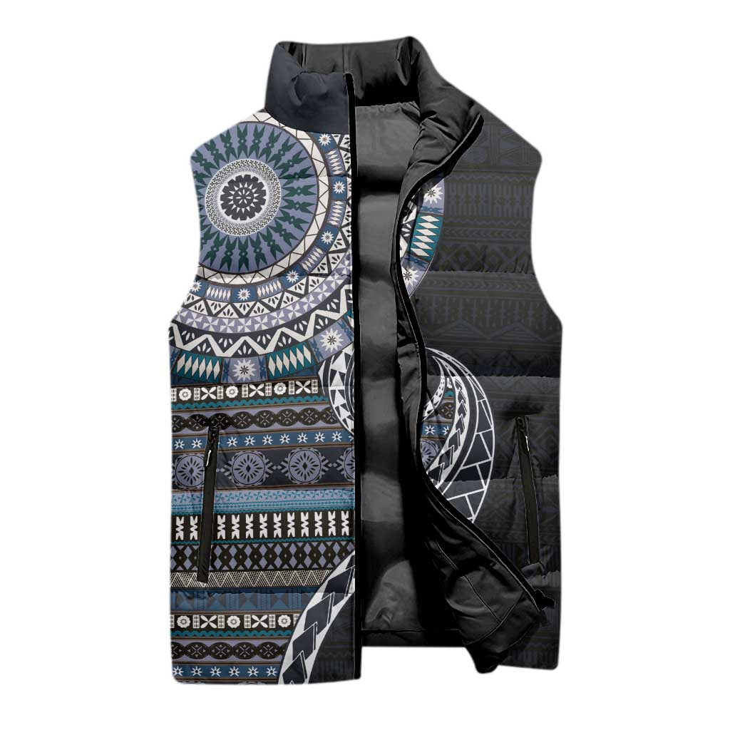 Fijian Masi Tribal Tattoos Art Pattern Sleeveless Puffer Jacket Navy Color Half Style - Polynesian Pride