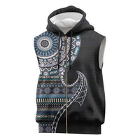 Fijian Masi Tribal Tattoos Art Pattern Sleeveless Zip Hoodie Navy Color Half Style - Polynesian Pride