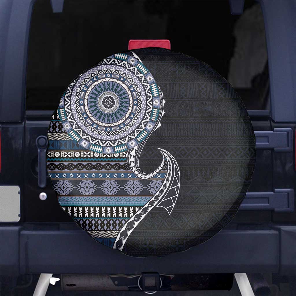 Fijian Masi Tribal Tattoos Art Pattern Spare Tire Cover Navy Color Half Style - Polynesian Pride
