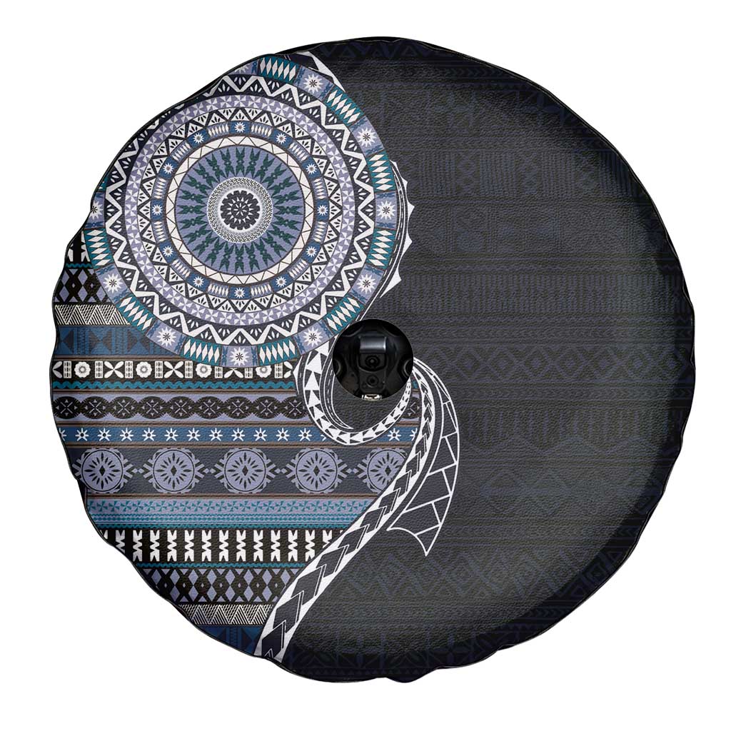 Fijian Masi Tribal Tattoos Art Pattern Spare Tire Cover Navy Color Half Style - Polynesian Pride