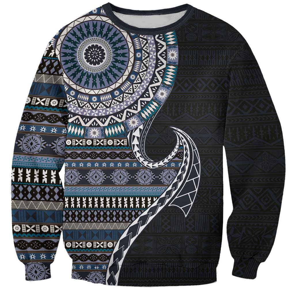 Fijian Masi Tribal Tattoos Art Pattern Sweatshirt Navy Color Half Style - Polynesian Pride