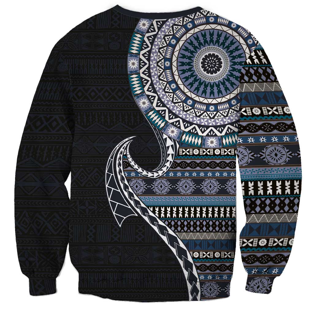 Fijian Masi Tribal Tattoos Art Pattern Sweatshirt Navy Color Half Style - Polynesian Pride