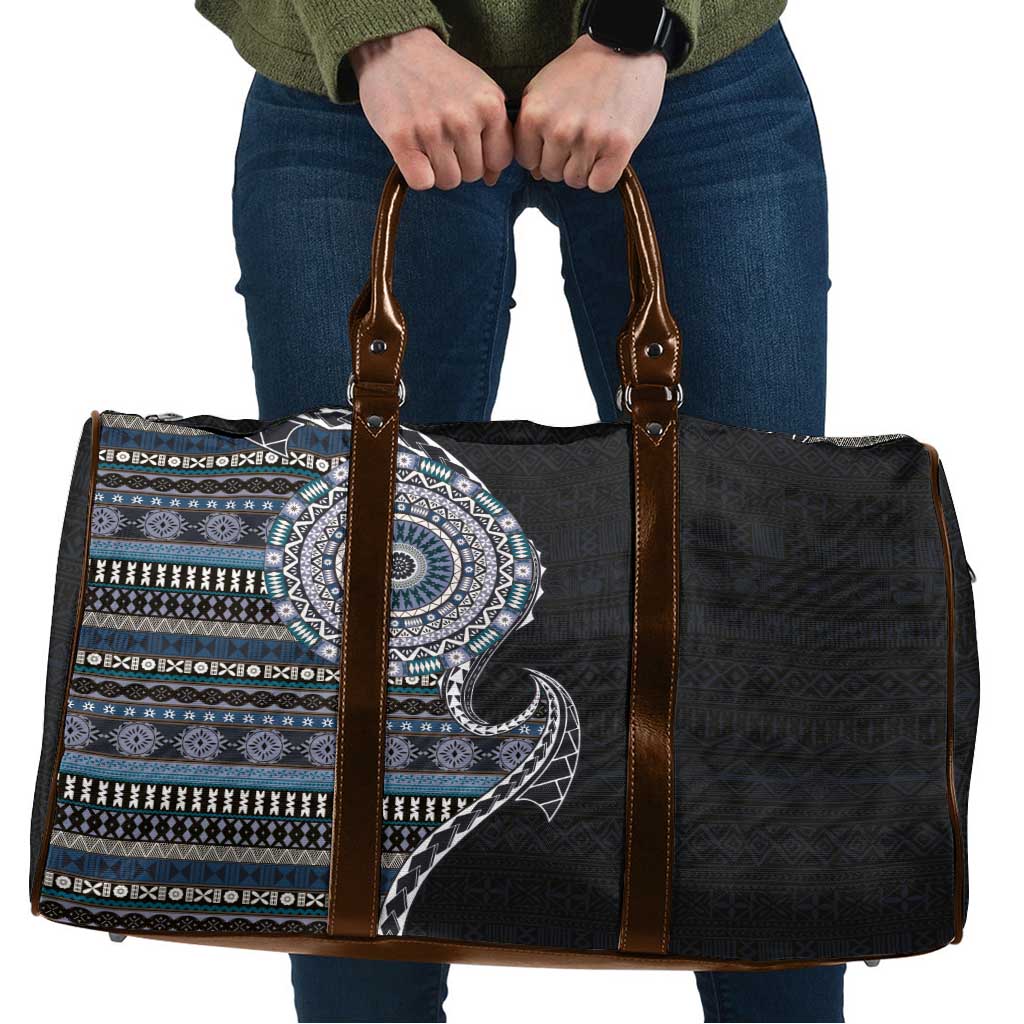 Fijian Masi Tribal Tattoos Art Pattern Travel Bag Navy Color Half Style - Polynesian Pride