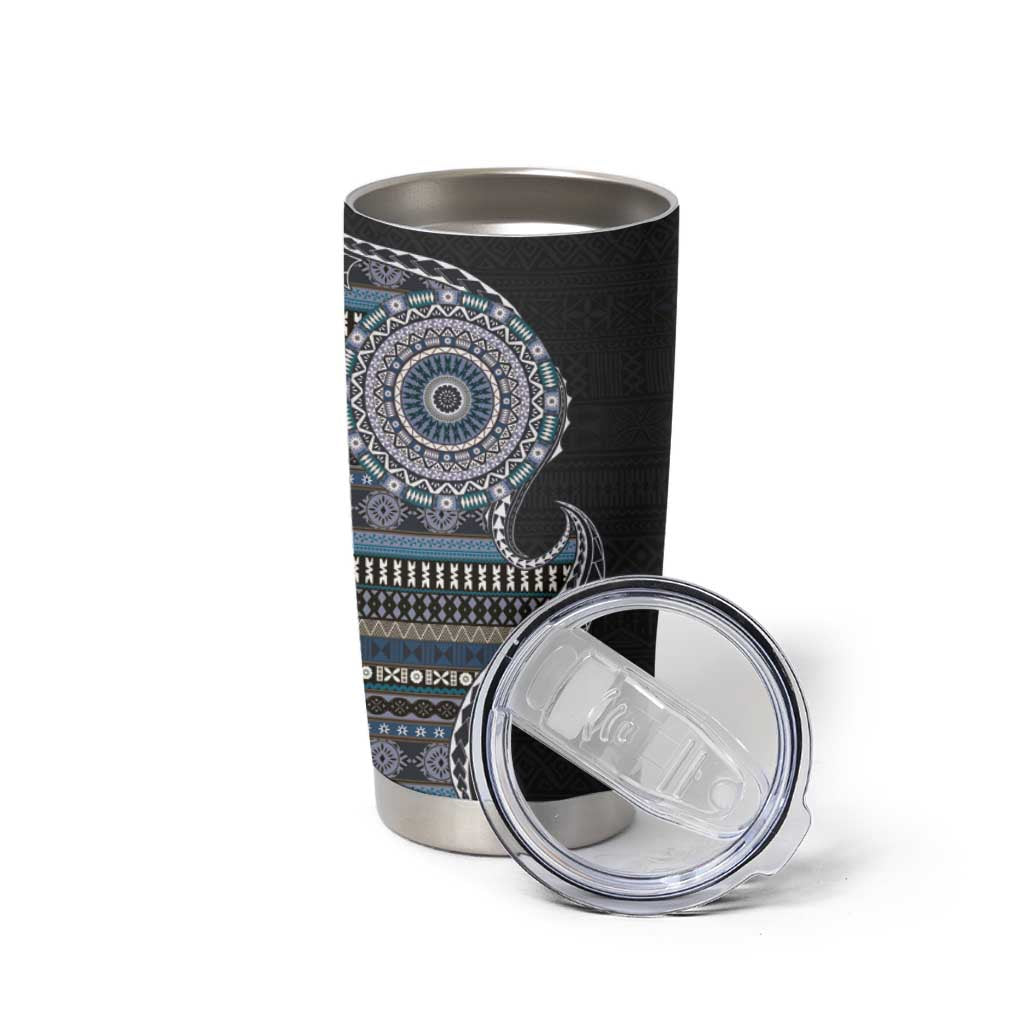 Fijian Masi Tribal Tattoos Art Pattern Tumbler Cup Navy Color Half Style - Polynesian Pride