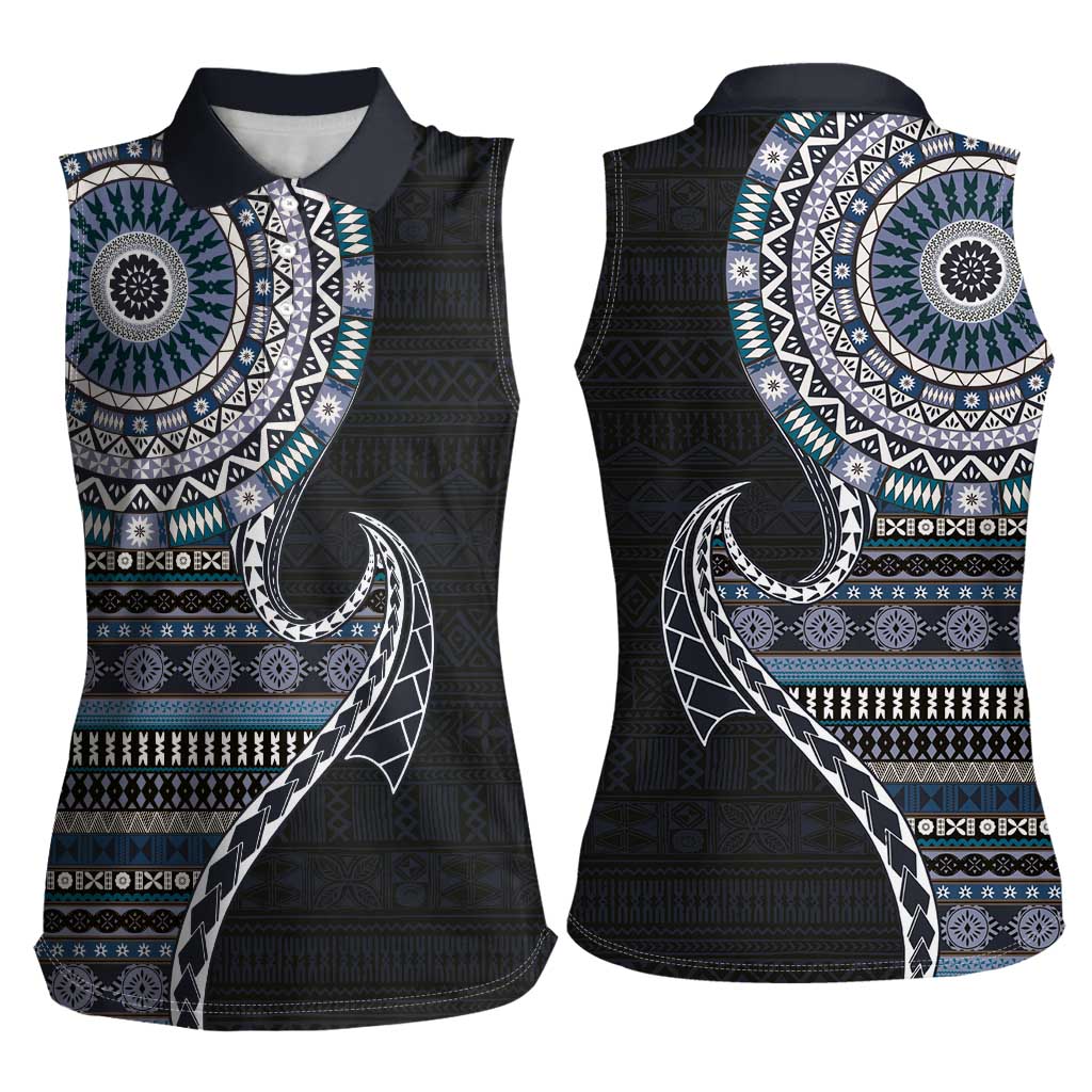 Fijian Masi Tribal Tattoos Art Pattern Women Sleeveless Polo Shirt Navy Color Half Style - Polynesian Pride