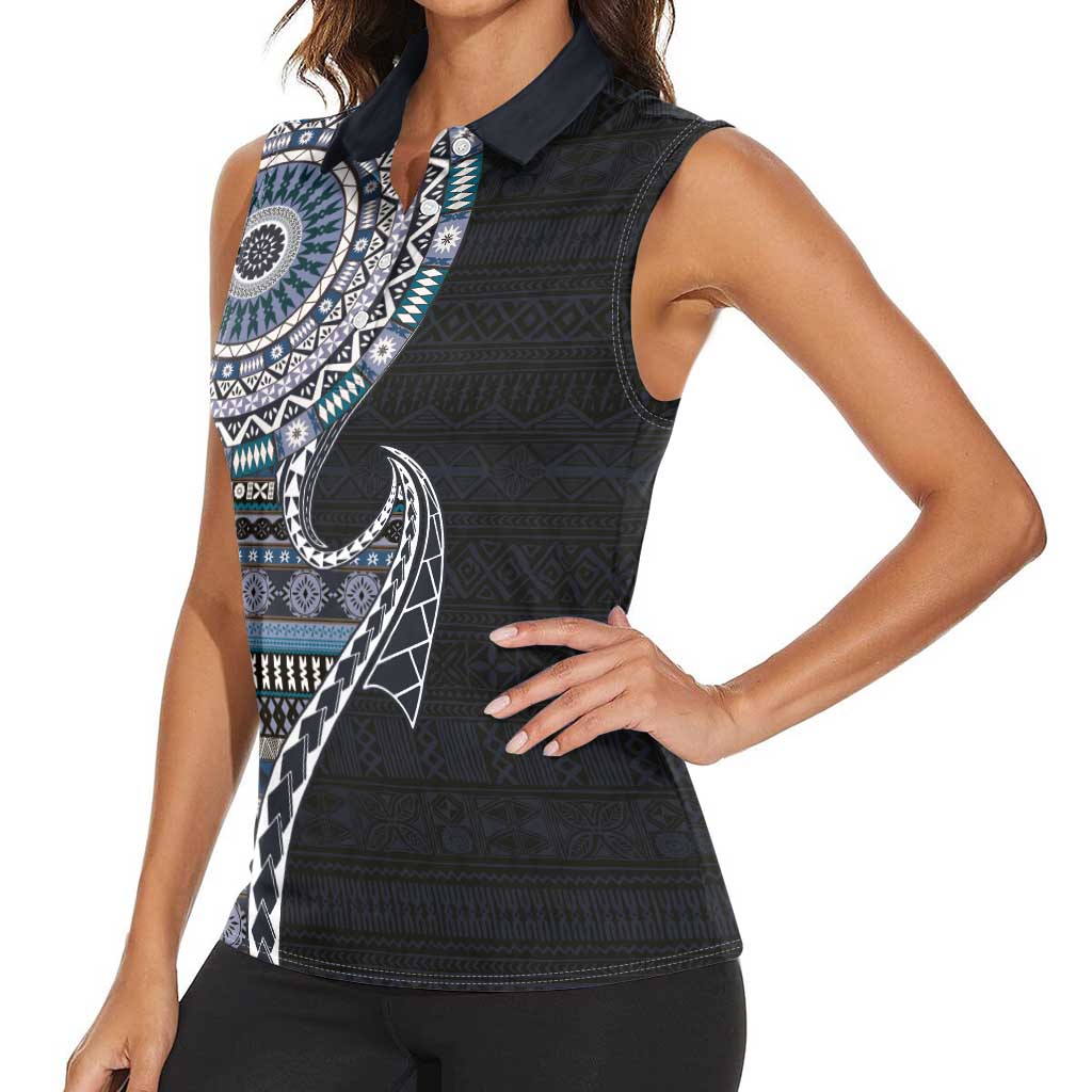 Fijian Masi Tribal Tattoos Art Pattern Women Sleeveless Polo Shirt Navy Color Half Style - Polynesian Pride