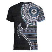 Fijian Masi Tribal Tattoos Art Pattern Women V-Neck T-Shirt Navy Color Half Style - Polynesian Pride