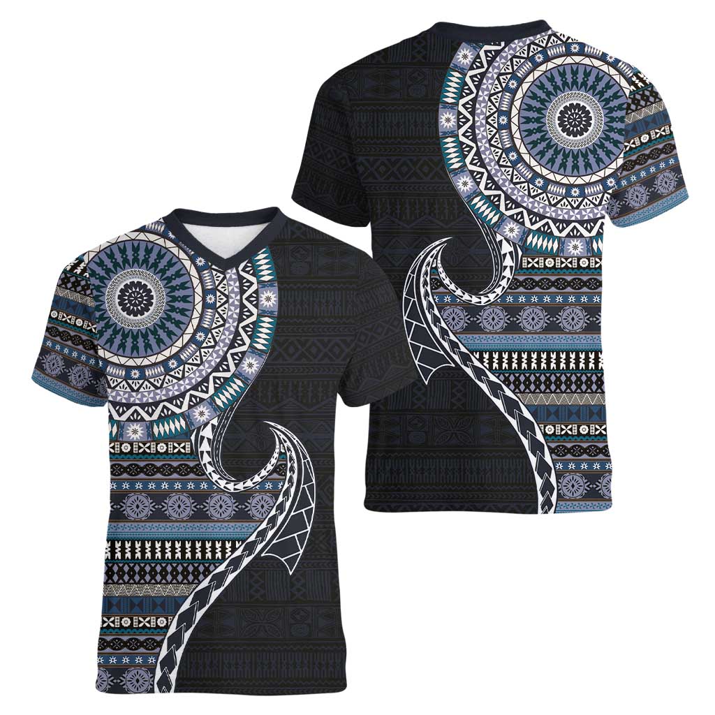 Fijian Masi Tribal Tattoos Art Pattern Women V-Neck T-Shirt Navy Color Half Style - Polynesian Pride