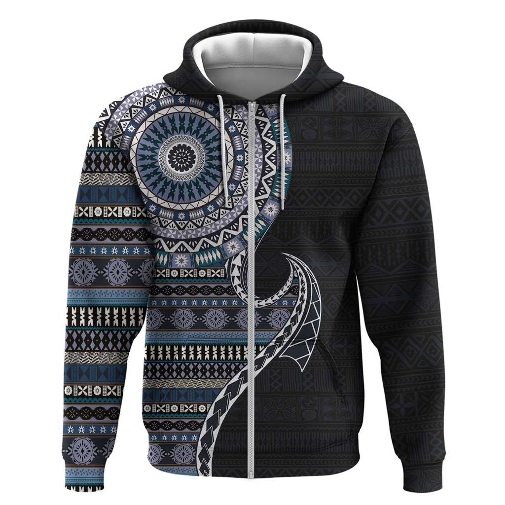 Fijian Masi Tribal Tattoos Art Pattern Zip Hoodie Navy Color Half Style - Polynesian Pride