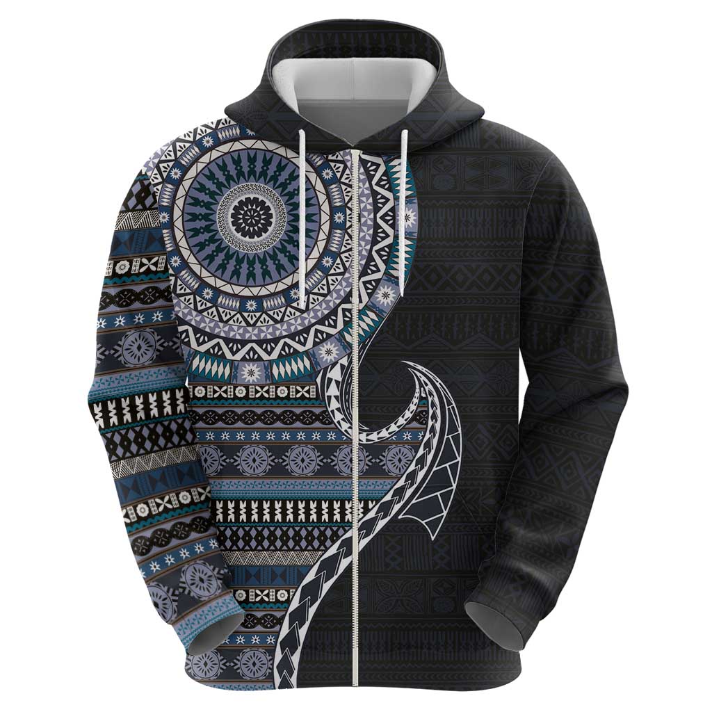 Fijian Masi Tribal Tattoos Art Pattern Zip Hoodie Navy Color Half Style - Polynesian Pride