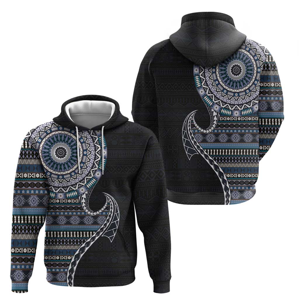 Fijian Masi Tribal Tattoos Art Pattern Zip Hoodie Navy Color Half Style - Polynesian Pride