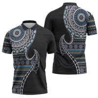 Fijian Masi Tribal Tattoos Art Pattern Zipper Polo Shirt Navy Color Half Style - Polynesian Pride