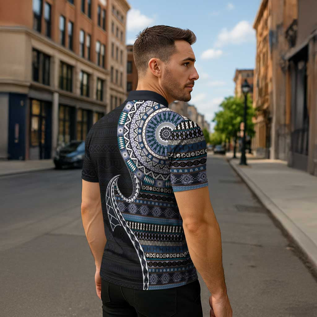 Fijian Masi Tribal Tattoos Art Pattern Zipper Polo Shirt Navy Color Half Style - Polynesian Pride