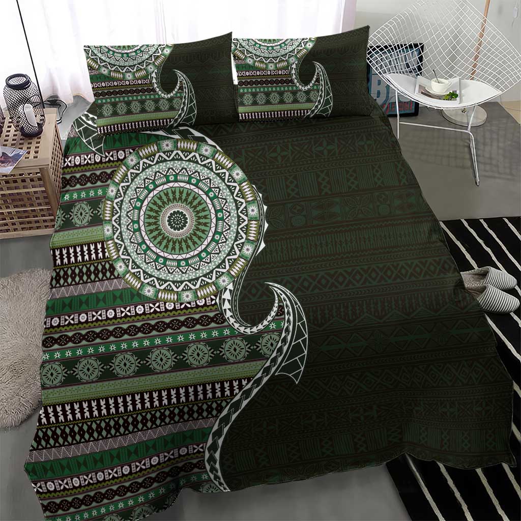 Fijian Masi Tribal Tattoos Art Pattern Bedding Set Green Color Half Style - Polynesian Pride