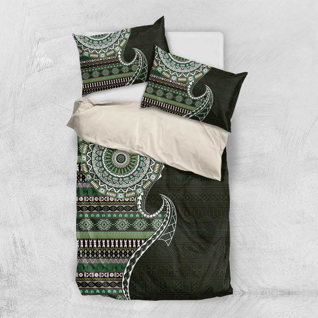 Fijian Masi Tribal Tattoos Art Pattern Bedding Set Green Color Half Style - Polynesian Pride
