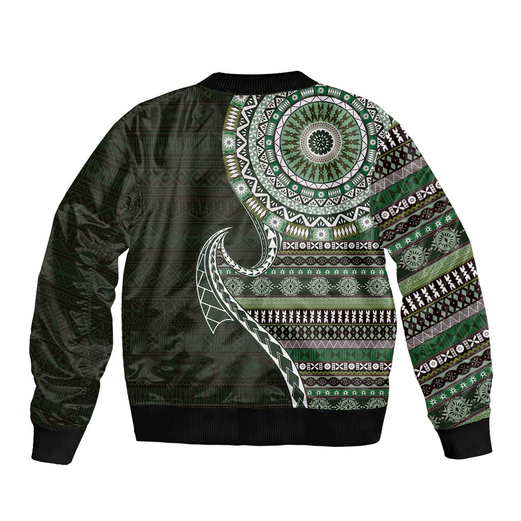 Fijian Masi Tribal Tattoos Art Pattern Bomber Jacket Green Color Half Style - Polynesian Pride